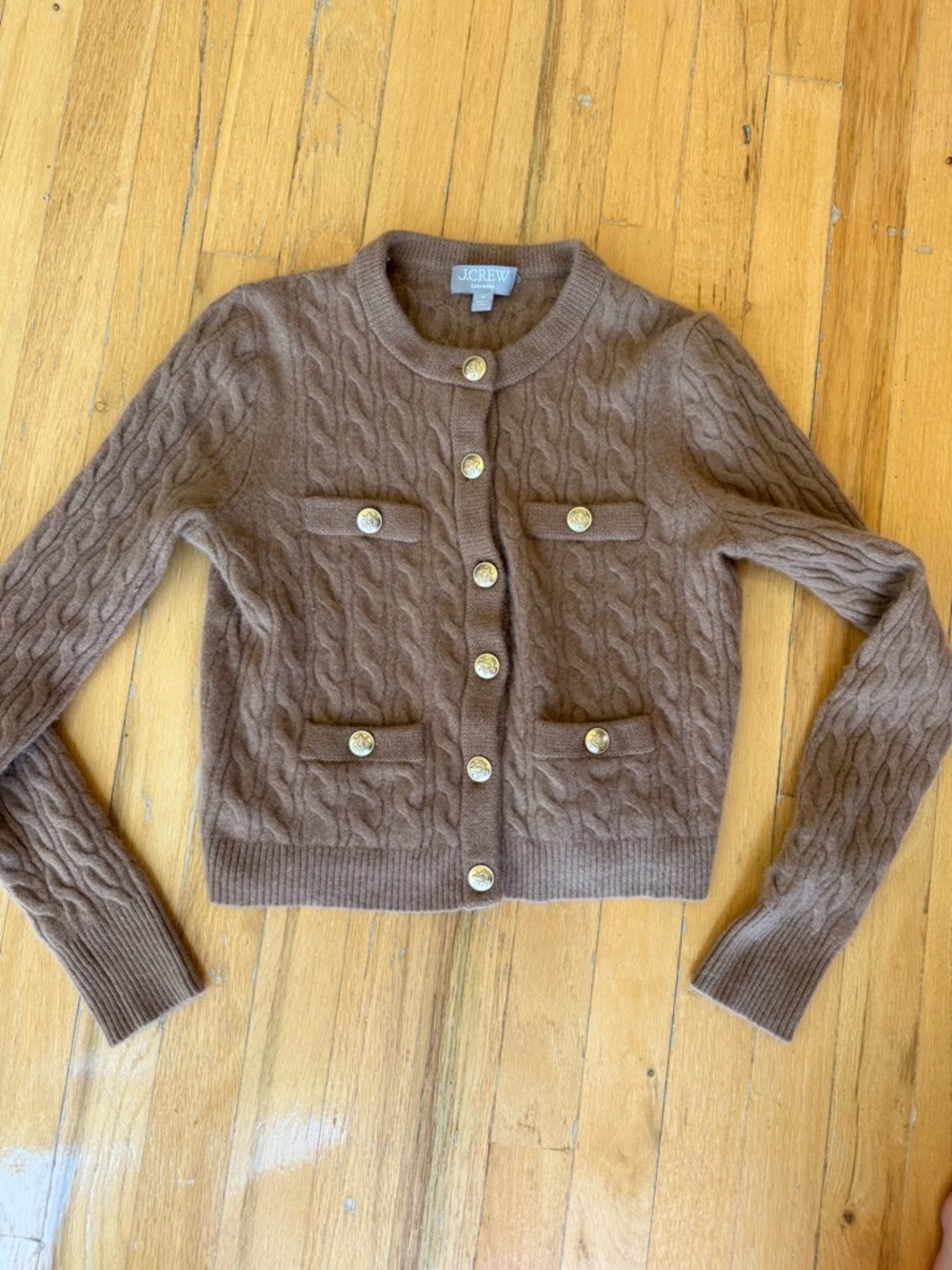 J. Crew Tan Cable-Knit Cashmere Blend Button Cardigan